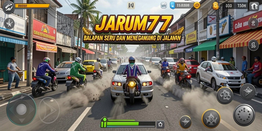 Gameplay JARUM77 menampilkan adrenalin tinggi dalam balapan.