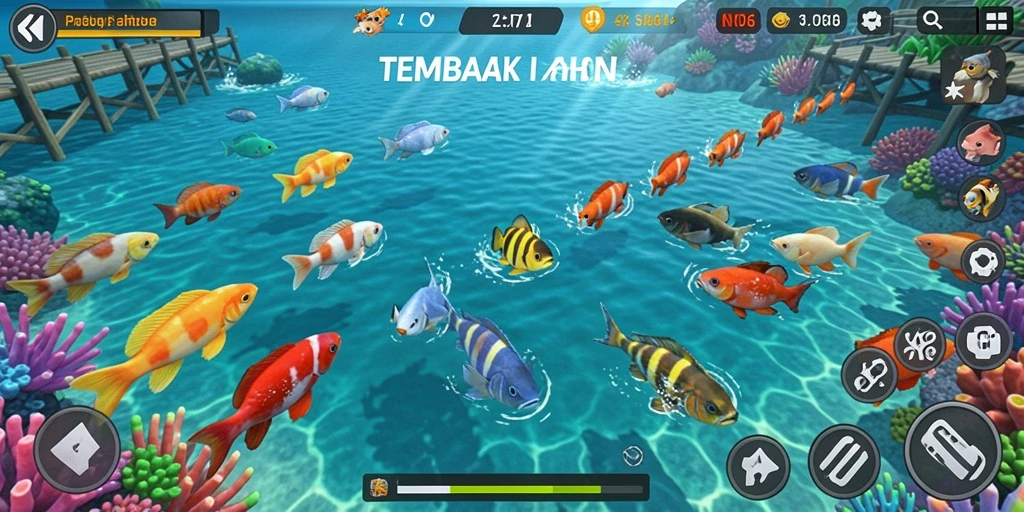 Screenshot gameplay N06 dengan berbagai ikan berwarna-warni.