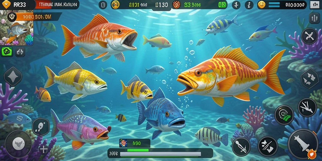 Tampilan gameplay RR33 menembak ikan yang penuh warna.