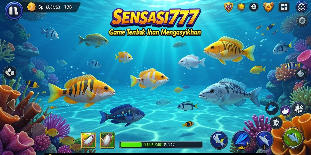 Tampilan gameplay SENSASI777 menunjukkan menembak ikan yang berwarna-warni.