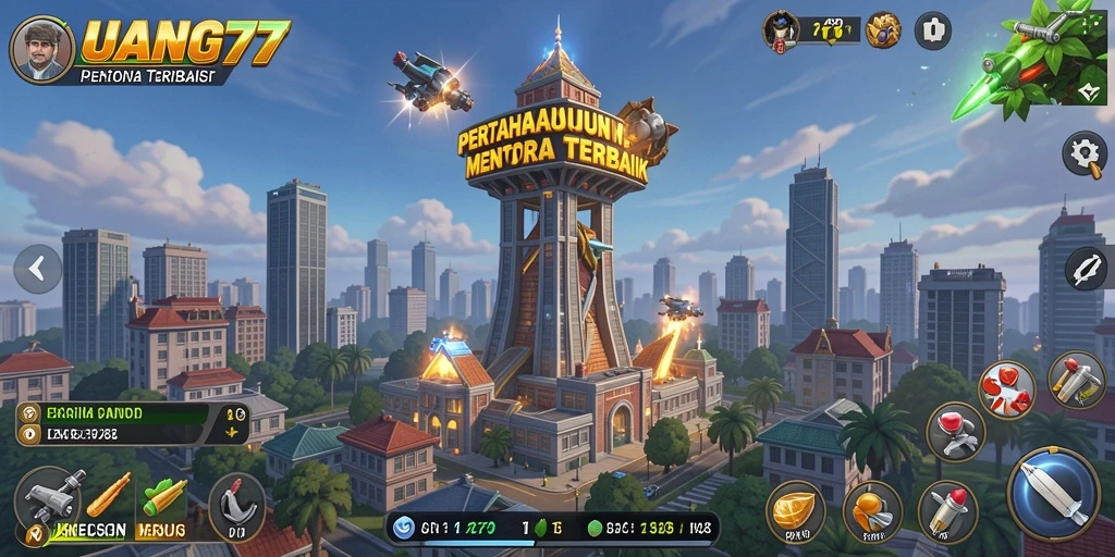 Screenshot gameplay UANG77 menampilkan aksi Tower Defense yang seru.