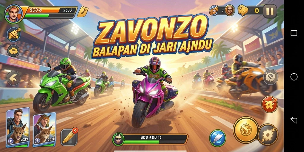 Tangkapan layar utama ZAVONZO menampilkan momen balap yang intens dan mendebarkan.